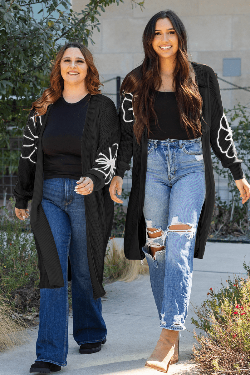 Embroidered Black Floral Drop Shoulder Duster Cardigan with Open Front - Love Salve 