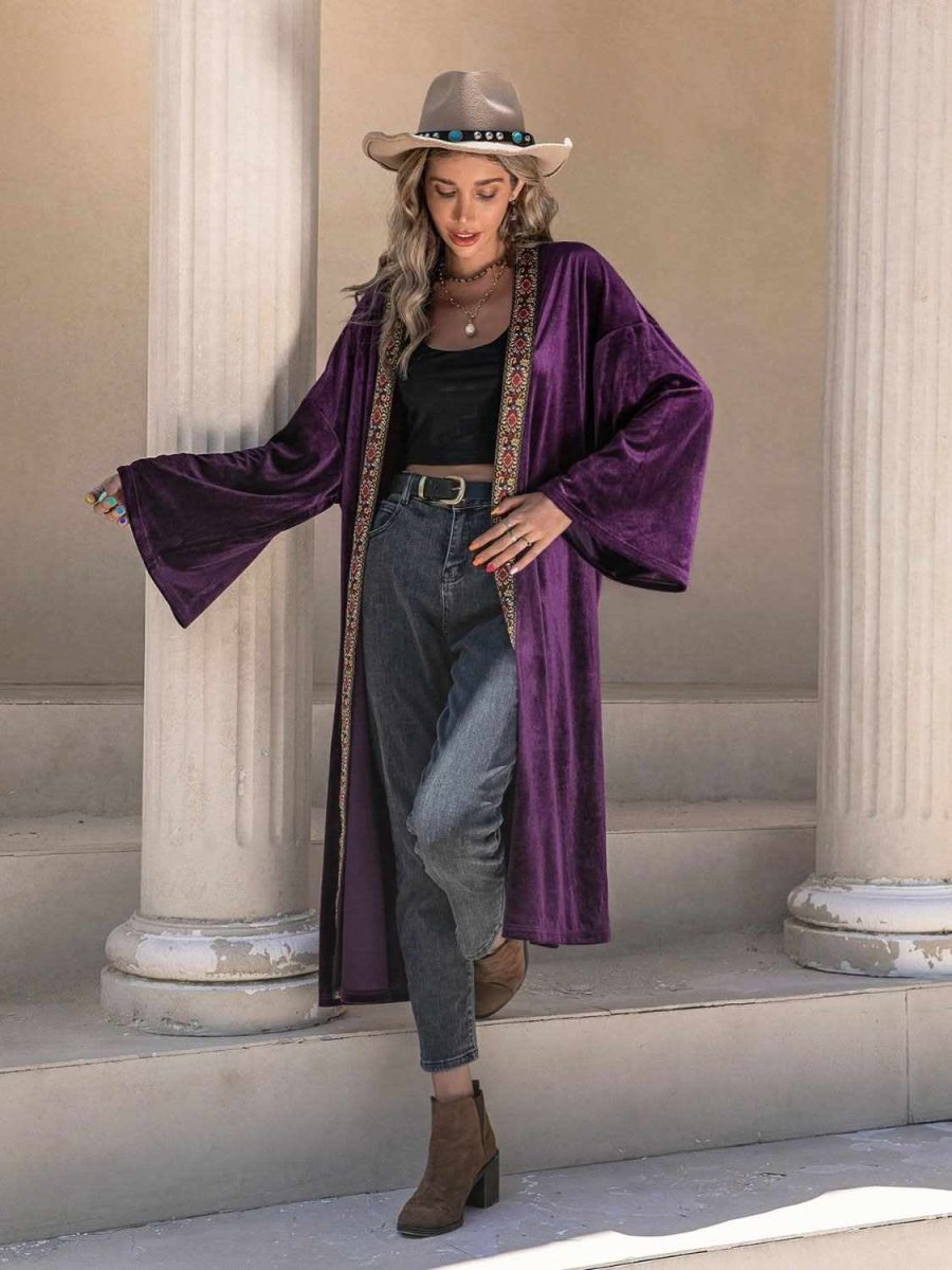 Embroidered Open Front Long Sleeve Cardigan - Love Salve 