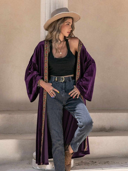 Embroidered Open Front Long Sleeve Cardigan - Love Salve 