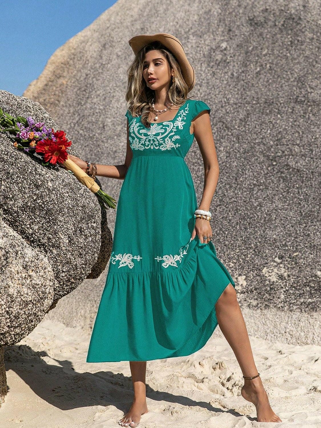 Embroidered Square Neck Cap Sleeve Dress - Love Salve