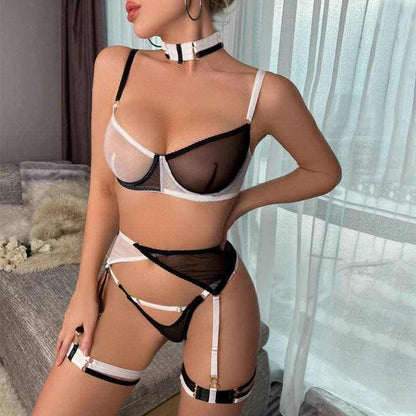 Ethereal Mesh Contrast Sheer Lingerie Ensemble - Love Salve 