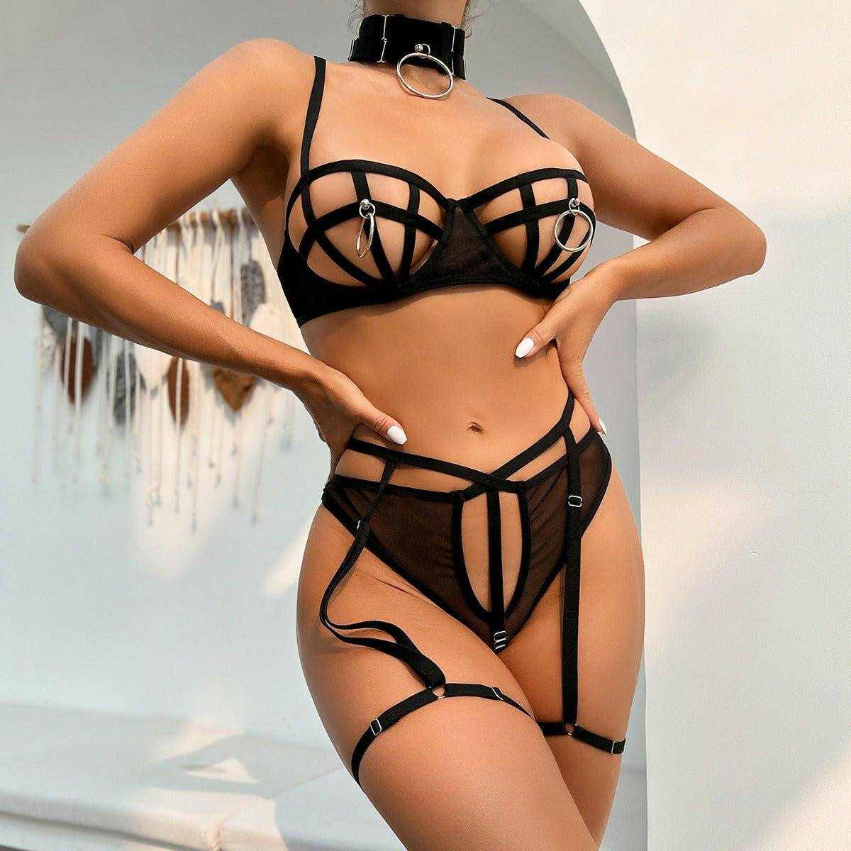 Luxurious Handmade Sheer Polyester Lingerie Set with Neck Fastening - Love Salve 