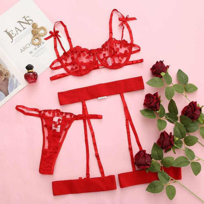 Enchanting Lace Embroidered Mesh Lingerie Set with Functional Design - Love Salve 