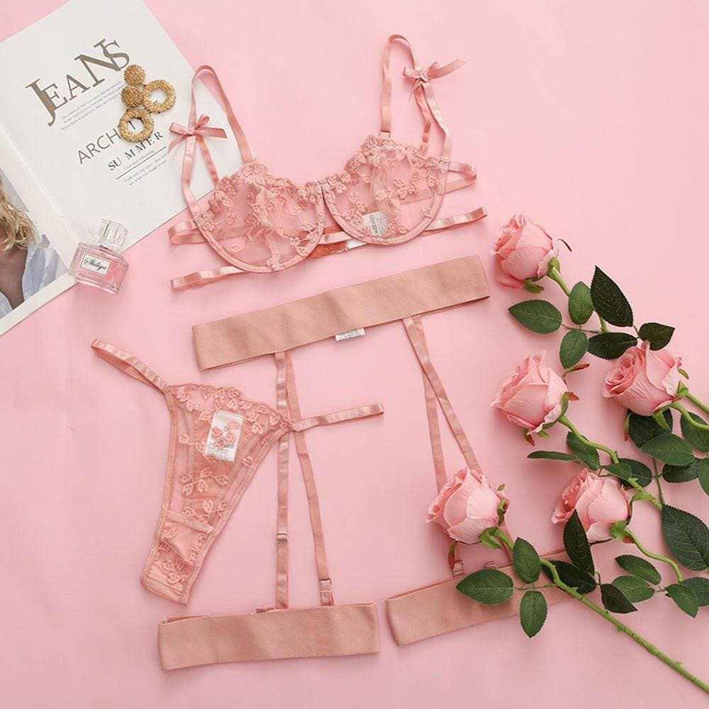 Enchanting Lace Embroidered Mesh Lingerie Set with Functional Design - Love Salve 