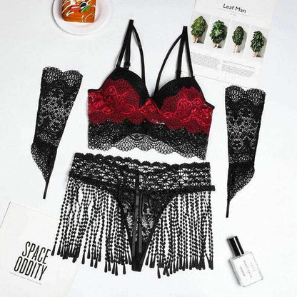 Enchanting 5-Piece Lingerie Bundle with Fresh Tassel Waistband, Lace Panel, and Glove Set - Perfect Coordination for Luxurious Allure - Love Salve 