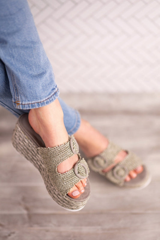 Eriwen Buckle Wedge Teal Sandal Adjustable Dual Straps Naughty Monkey