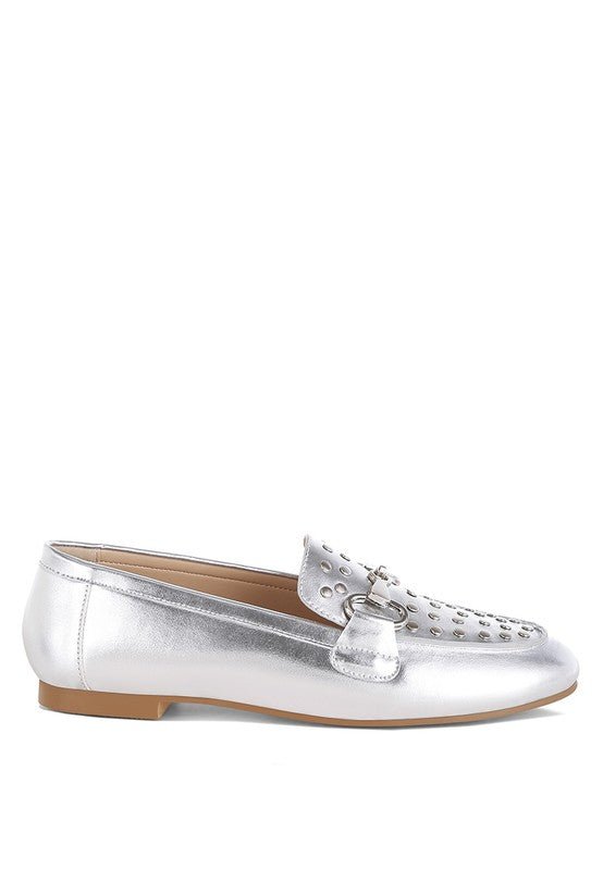 Estafa Horsebit & Studs Metallic Pleather Loafers for Women - Love Salve 