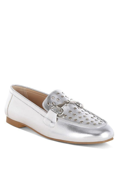 Estafa Horsebit & Studs Metallic Pleather Loafers for Women - Love Salve 