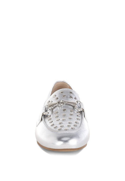 Estafa Horsebit & Studs Metallic Pleather Loafers for Women - Love Salve 