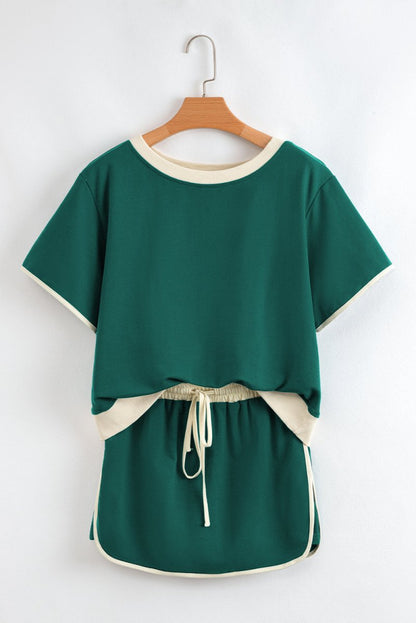 Evergreen Colorblock Edge Drop Shoulder T Shirt and Skort Set - Love Salve 