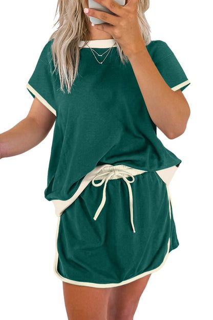 Evergreen Colorblock Edge Drop Shoulder T Shirt and Skort Set - Love Salve 