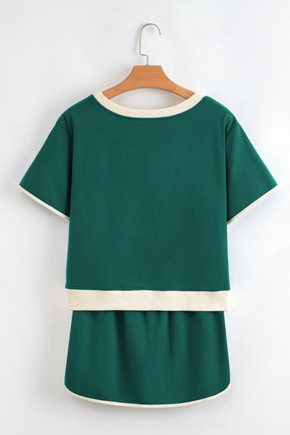 Evergreen Colorblock Edge Drop Shoulder T Shirt and Skort Set - Love Salve 