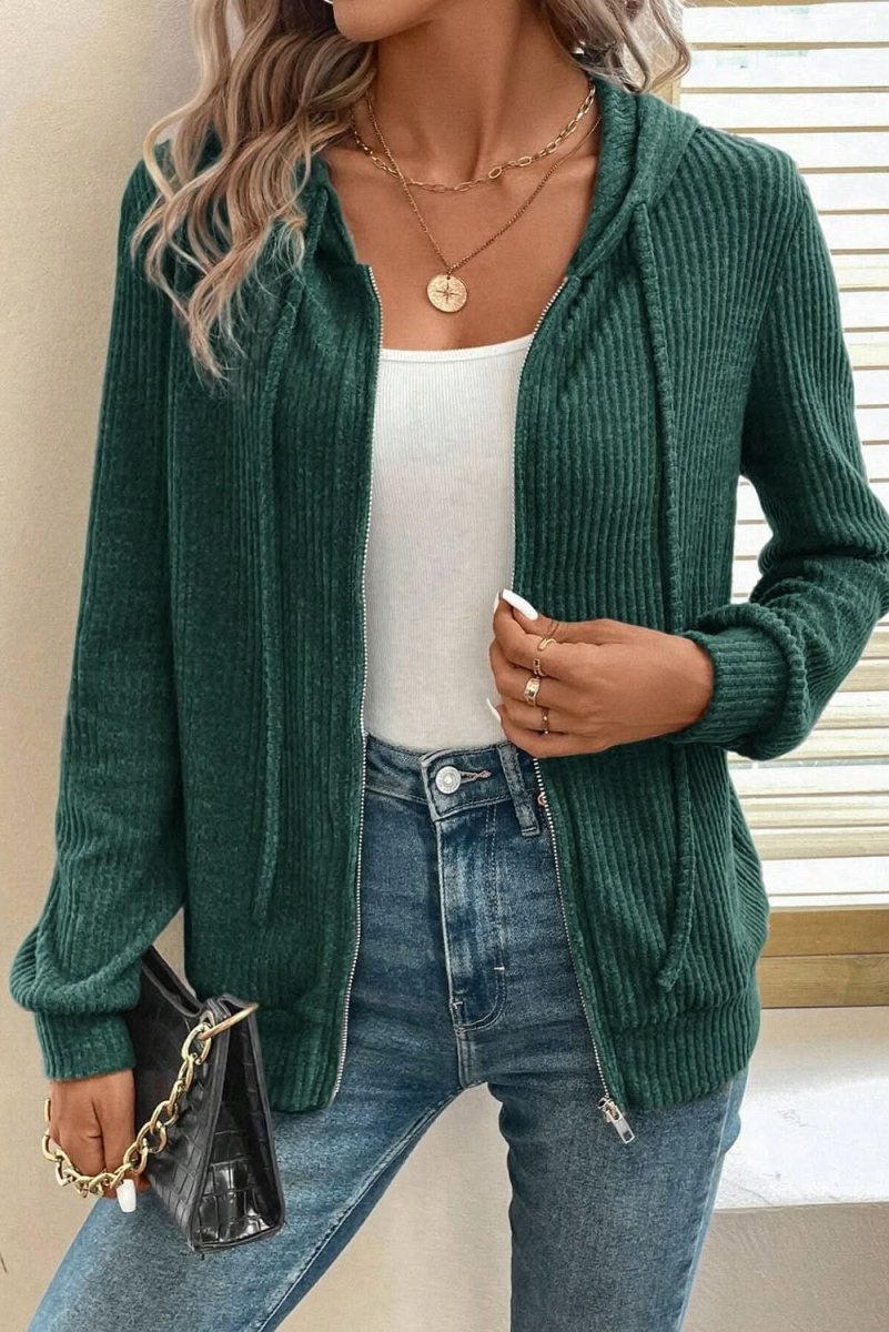 Evergreen Ribbed Zip-Up Hoodie with Drawstring Closure - Love Salve 