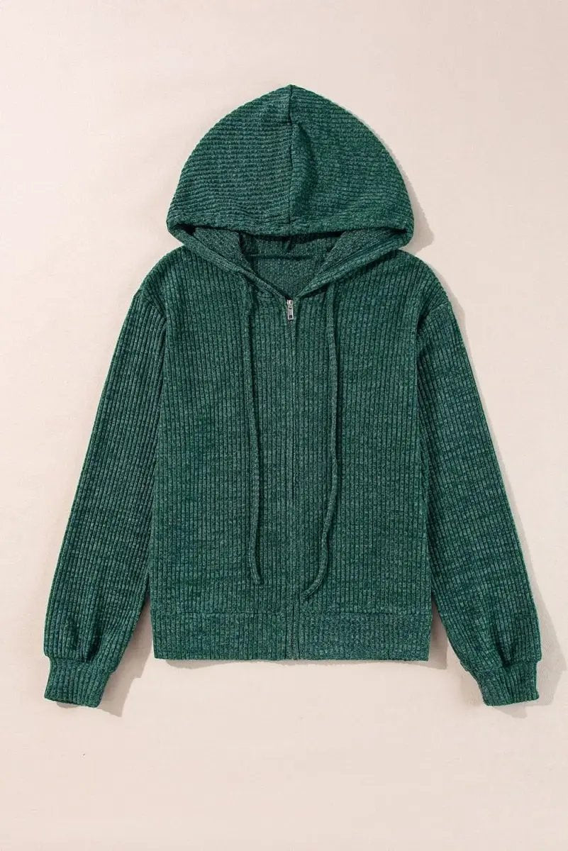 Evergreen Ribbed Zip-Up Hoodie with Drawstring Closure - Love Salve 