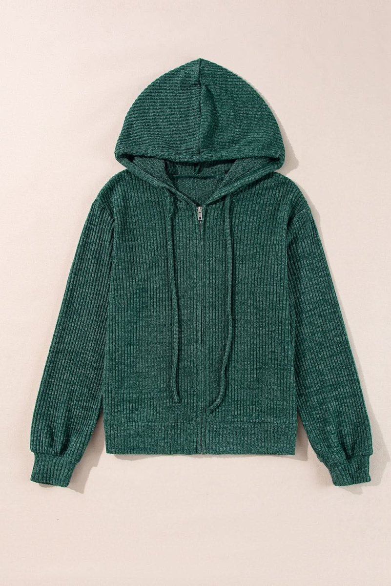 Evergreen Ribbed Zip-Up Hoodie with Drawstring Closure - Love Salve 