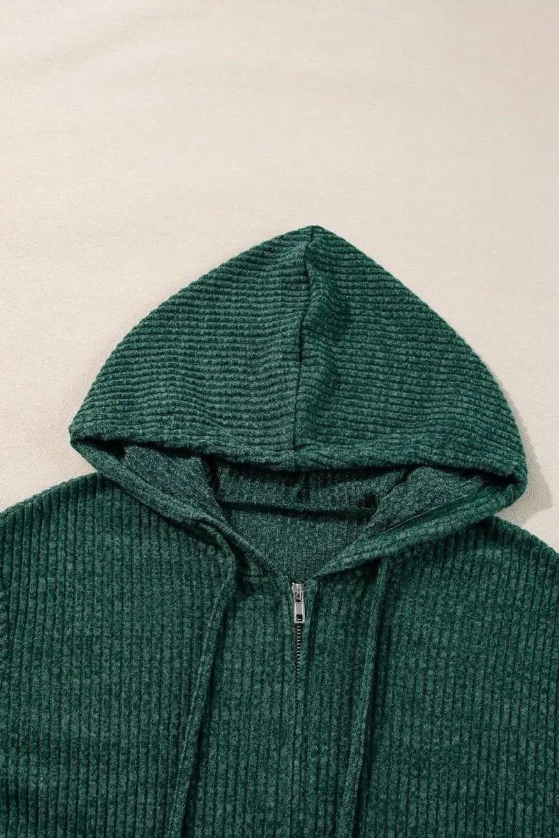 Evergreen Ribbed Zip-Up Hoodie with Drawstring Closure - Love Salve 