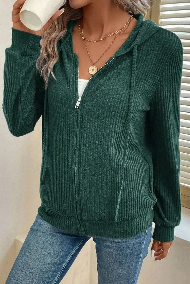 Evergreen Ribbed Zip-Up Hoodie with Drawstring Closure - Love Salve 