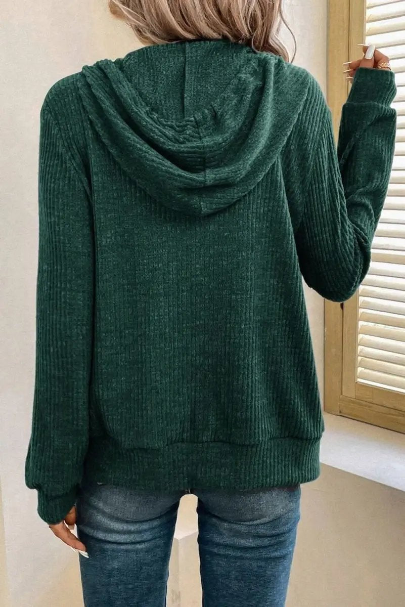Evergreen Ribbed Zip-Up Hoodie with Drawstring Closure - Love Salve 