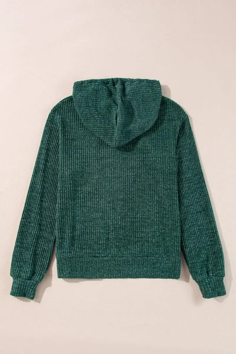 Evergreen Ribbed Zip-Up Hoodie with Drawstring Closure - Love Salve 