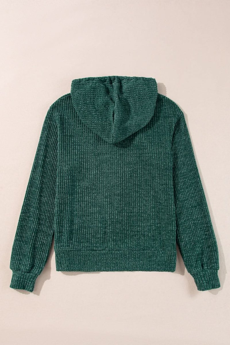 Evergreen Ribbed Zip-Up Hoodie with Drawstring Closure - Love Salve 
