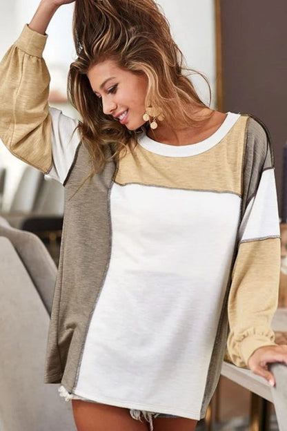 Exposed Seam Contrast Round Neck Long Sleeve Top - Love Salve 