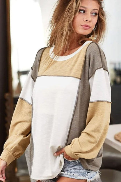 Exposed Seam Contrast Round Neck Long Sleeve Top - Love Salve 