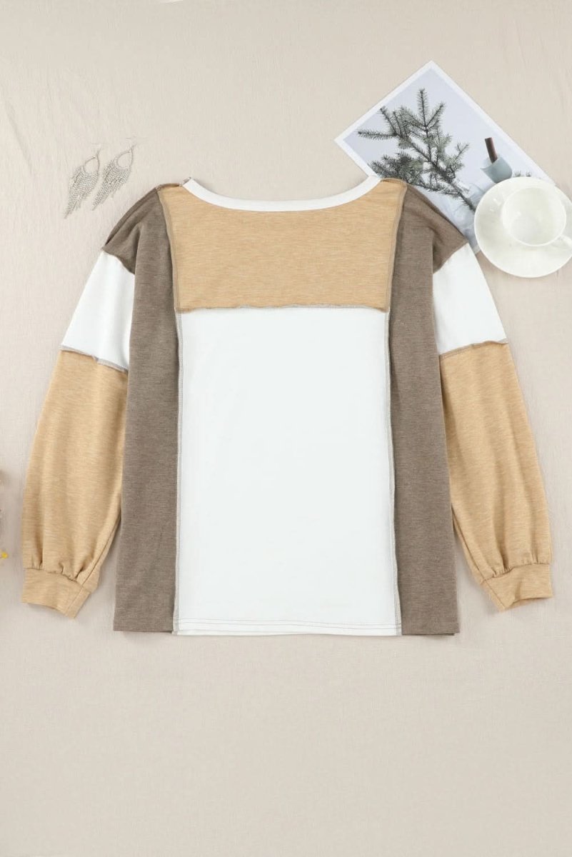 Exposed Seam Contrast Round Neck Long Sleeve Top - Love Salve 