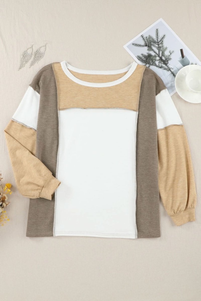 Exposed Seam Contrast Round Neck Long Sleeve Top - Love Salve 