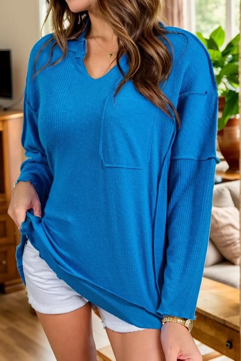 Exposed Seam Notched Long Sleeve Blouse - Love Salve 