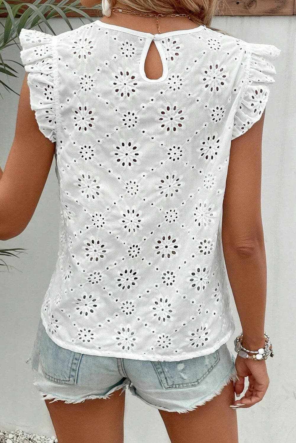 Eyelet Round Neck Cap Sleeve Blouse - Love Salve