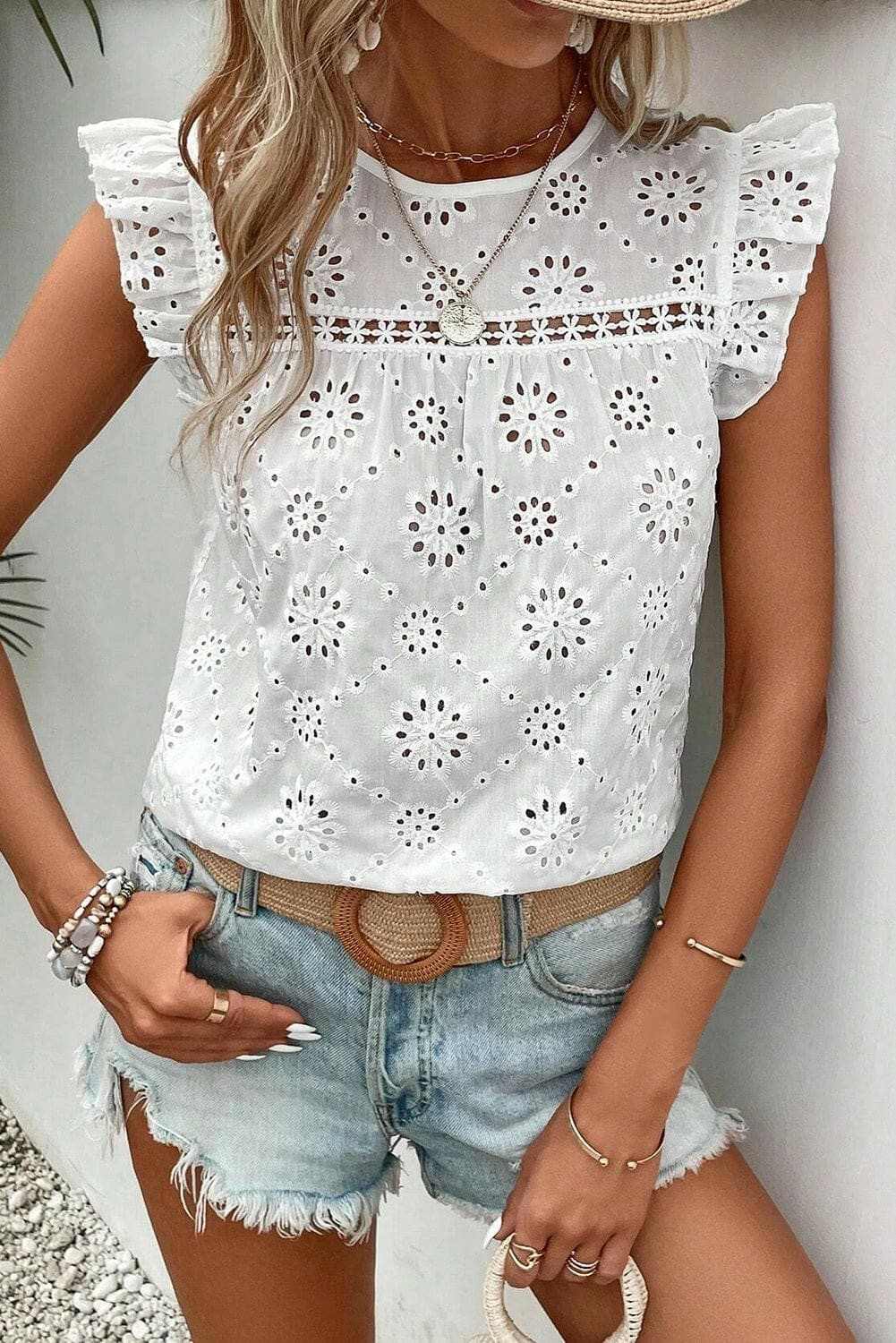 Eyelet Round Neck Cap Sleeve Blouse - Love Salve