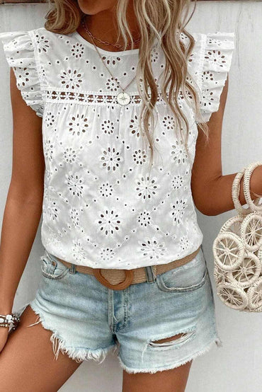 Eyelet Round Neck Cap Sleeve Blouse - Love Salve