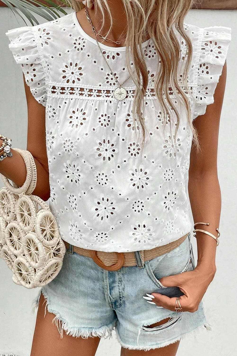 Eyelet Round Neck Cap Sleeve Blouse - Love Salve