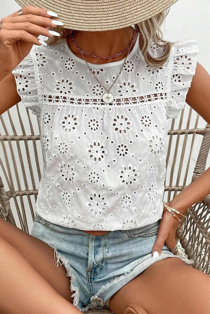 Eyelet Round Neck Cap Sleeve Blouse - Love Salve