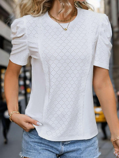 Eyelet Round Neck Short Sleeve T-Shirt - Love Salve