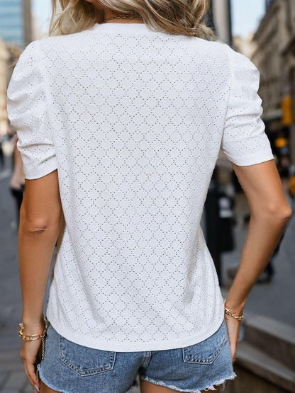 Eyelet Round Neck Short Sleeve T-Shirt - Love Salve