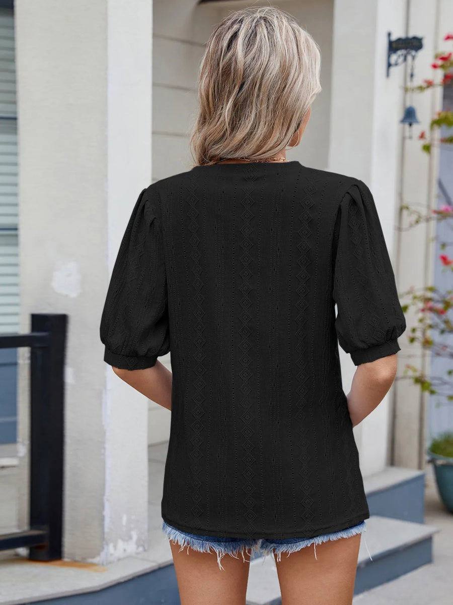 Eyelet V - Neck Puff Sleeve Casual Top - Love Salve
