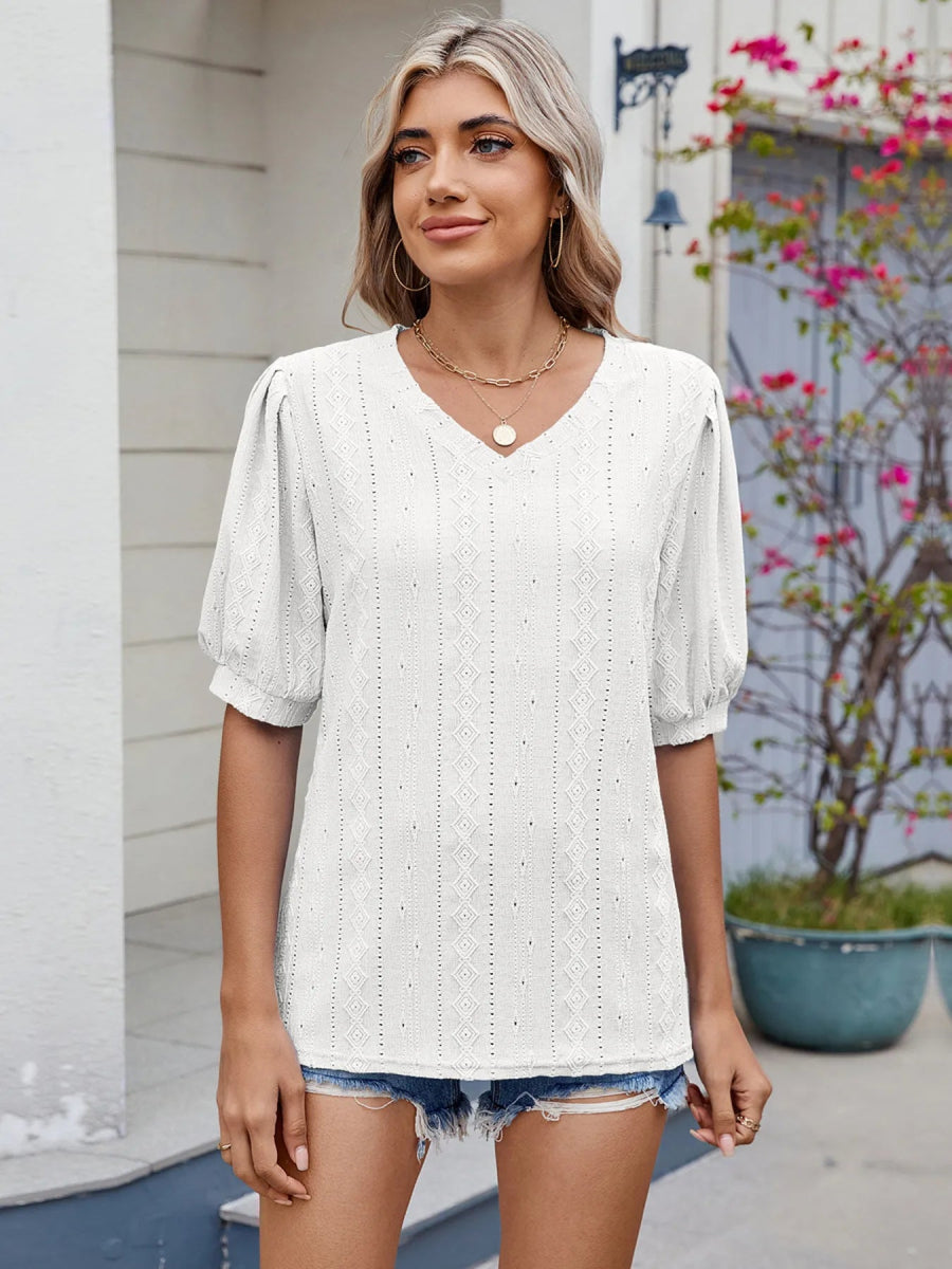 Eyelet V - Neck Puff Sleeve Casual Top - Love Salve