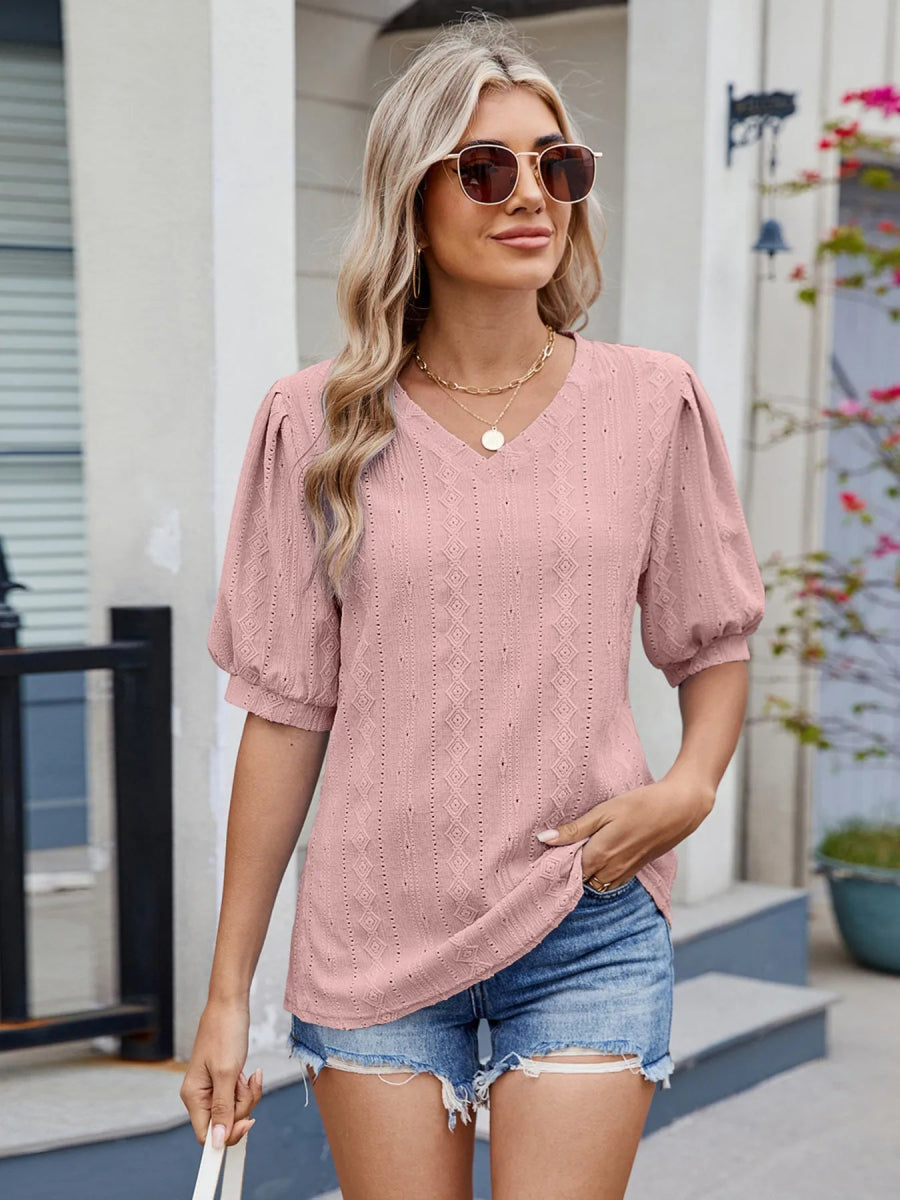 Eyelet V - Neck Puff Sleeve Casual Top - Love Salve