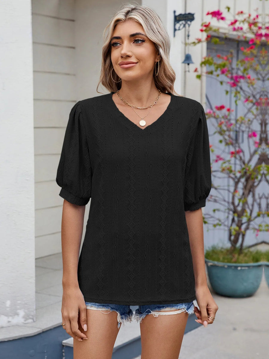 Eyelet V - Neck Puff Sleeve Casual Top - Love Salve