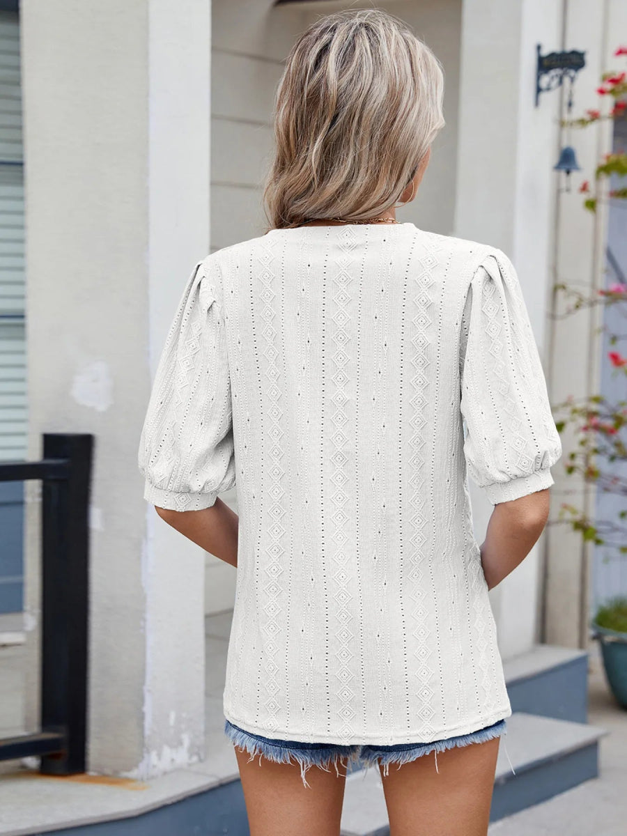 Eyelet V - Neck Puff Sleeve Casual Top - Love Salve