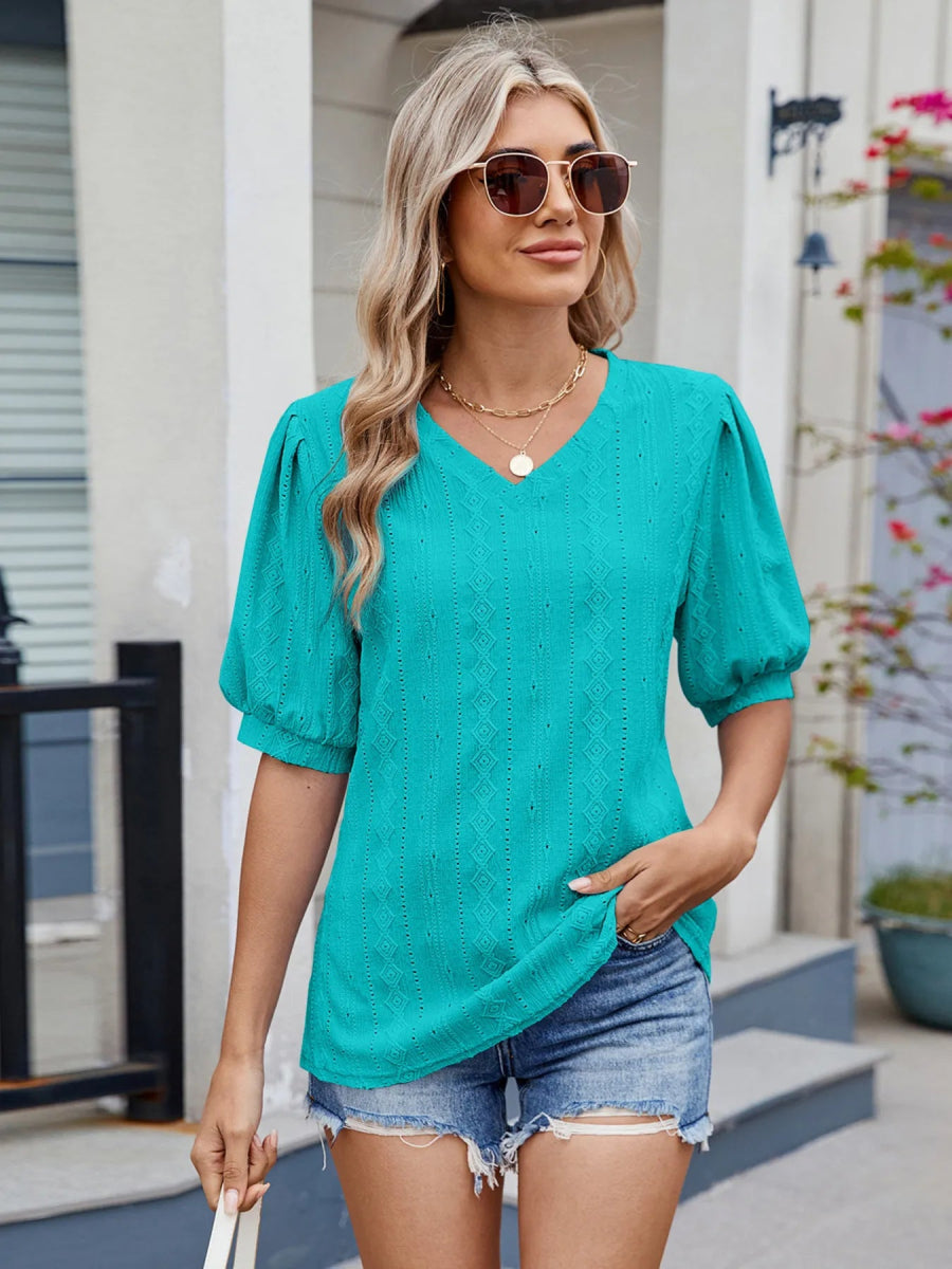 Eyelet V - Neck Puff Sleeve Casual Top - Love Salve