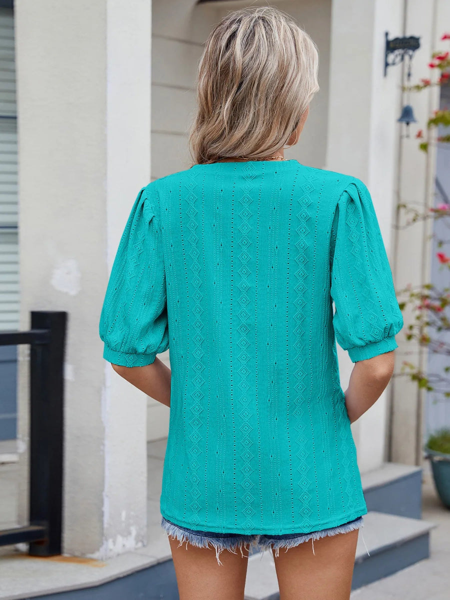 Eyelet V - Neck Puff Sleeve Casual Top - Love Salve