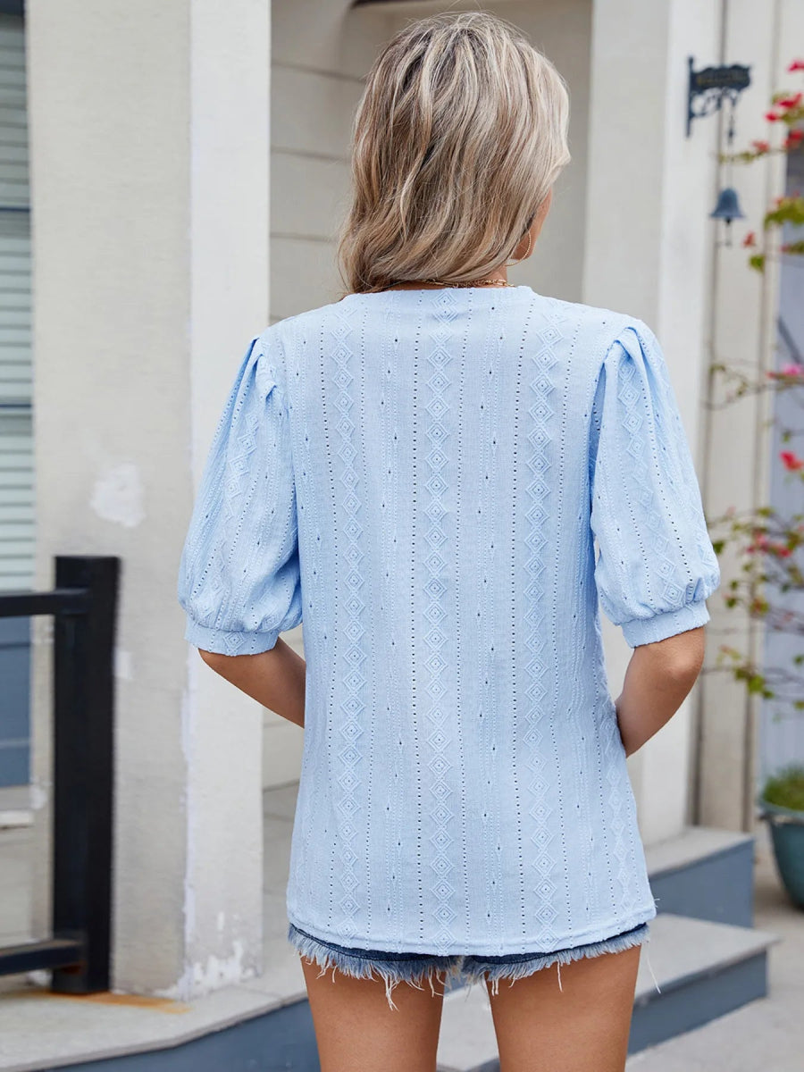 Eyelet V - Neck Puff Sleeve Casual Top - Love Salve
