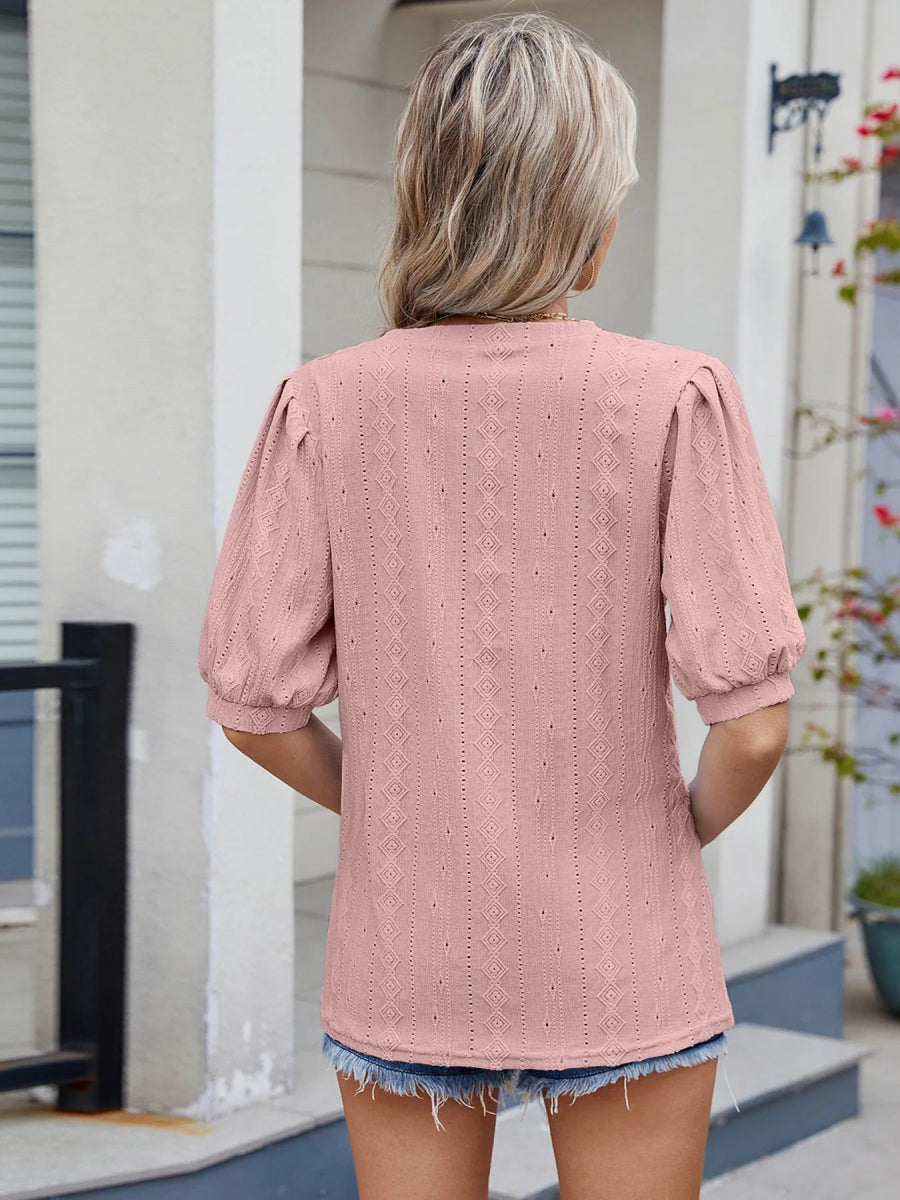 Eyelet V - Neck Puff Sleeve Casual Top - Love Salve