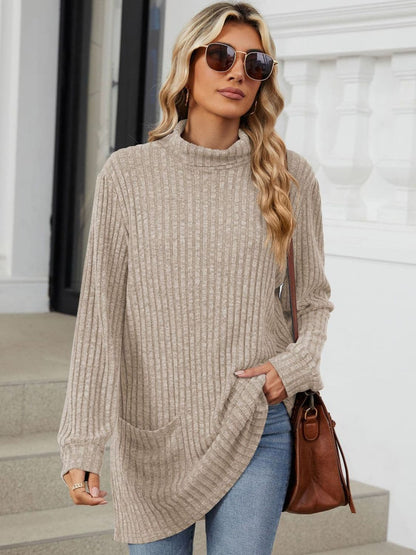 Ribbed Mock Neck Long Sleeve T-Shirt.