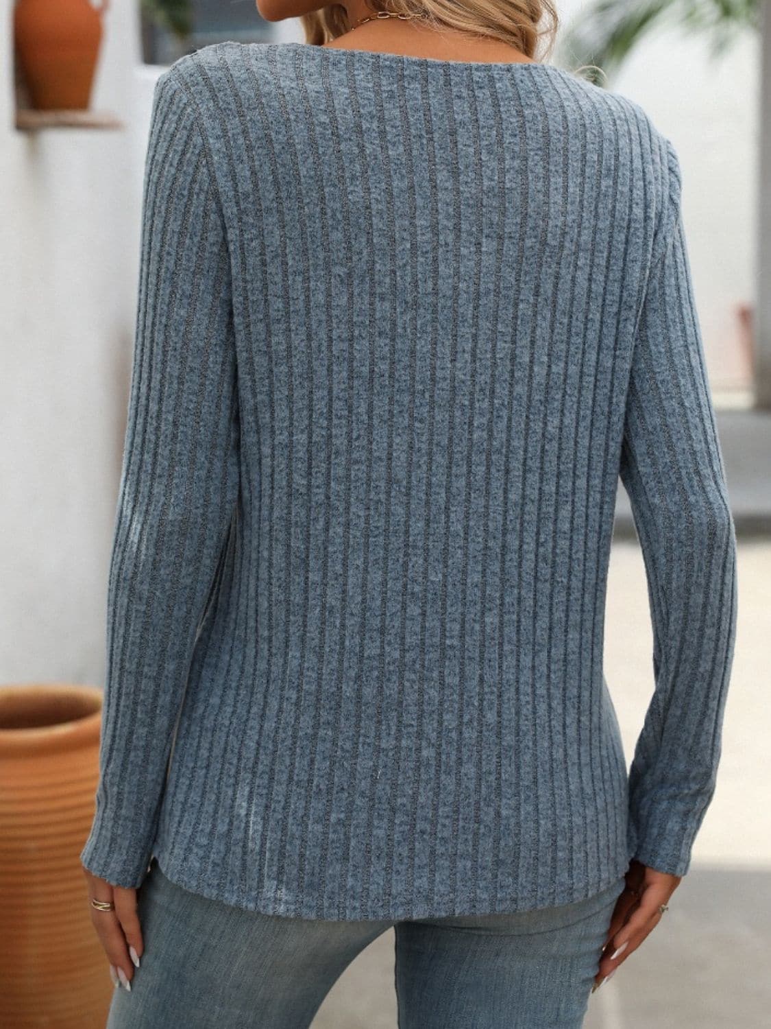 Ribbed V-Neck Long Sleeve T-Shirt.