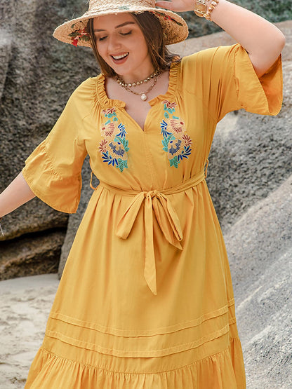 Plus Size Notched Tie Waist Half Sleeve Midi Dress.