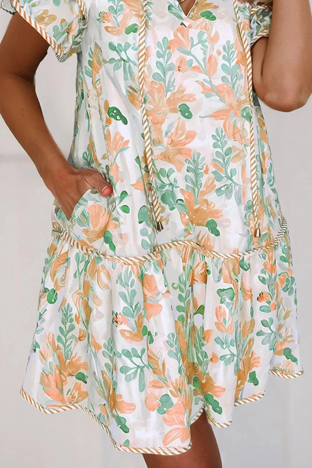 Floral Tie Neck Layered Short Sleeve Dress Simply Love