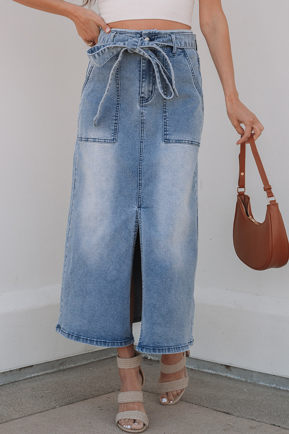 Dusk Blue High-Waisted Belted Midi Denim Skirt with Split Detail